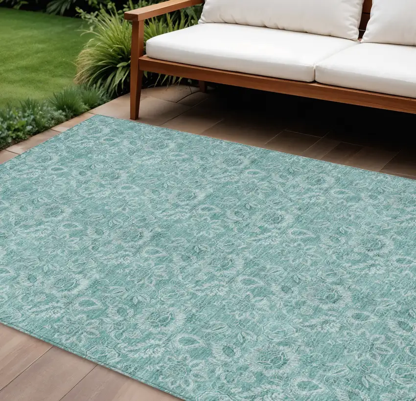 Teal Blue And Aqua Floral Washable Indoor Outdoor Area Rug Photo 1