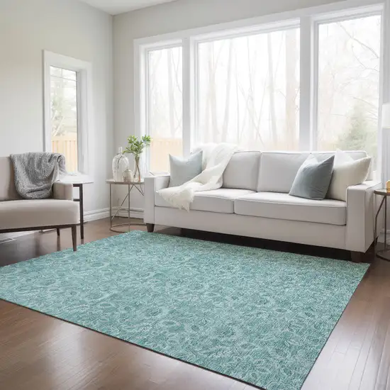 Teal Blue And Aqua Floral Washable Indoor Outdoor Area Rug Photo 9