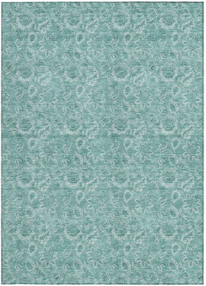 Teal Blue And Aqua Floral Washable Indoor Outdoor Area Rug Photo 4
