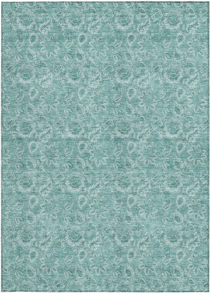 Teal Blue And Aqua Floral Washable Indoor Outdoor Area Rug Photo 4