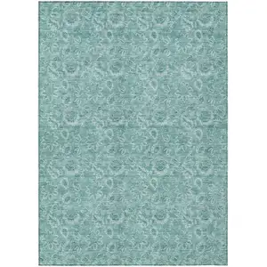 Photo of Teal Blue And Aqua Floral Washable Indoor Outdoor Area Rug
