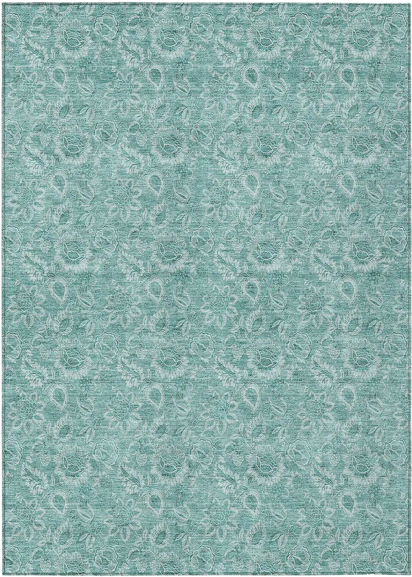 Teal Blue And Aqua Floral Washable Indoor Outdoor Area Rug Photo 1