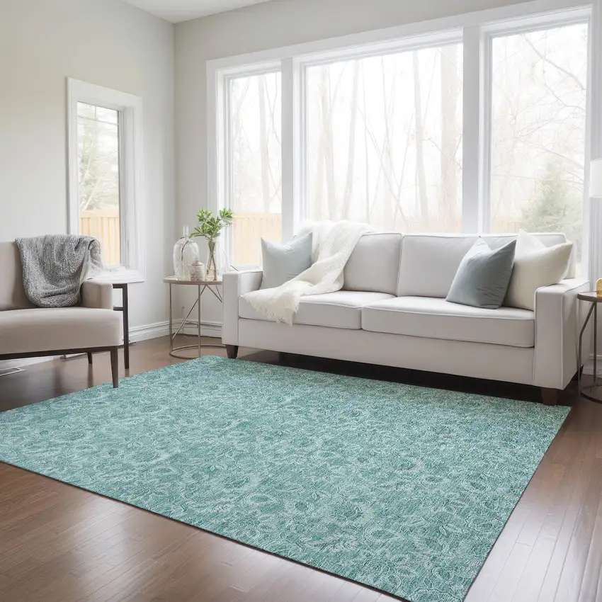 Teal Blue And Aqua Floral Washable Indoor Outdoor Area Rug Photo 6