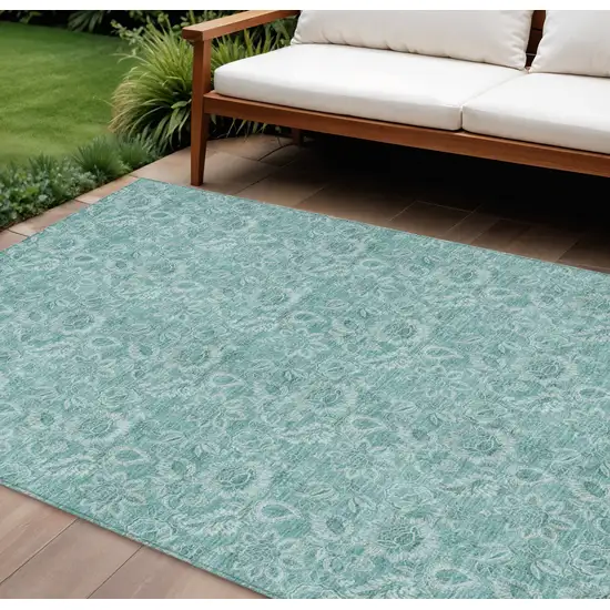 Teal Blue And Aqua Floral Washable Indoor Outdoor Area Rug Photo 1