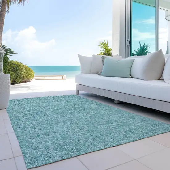 Teal Blue And Aqua Floral Washable Indoor Outdoor Area Rug Photo 7