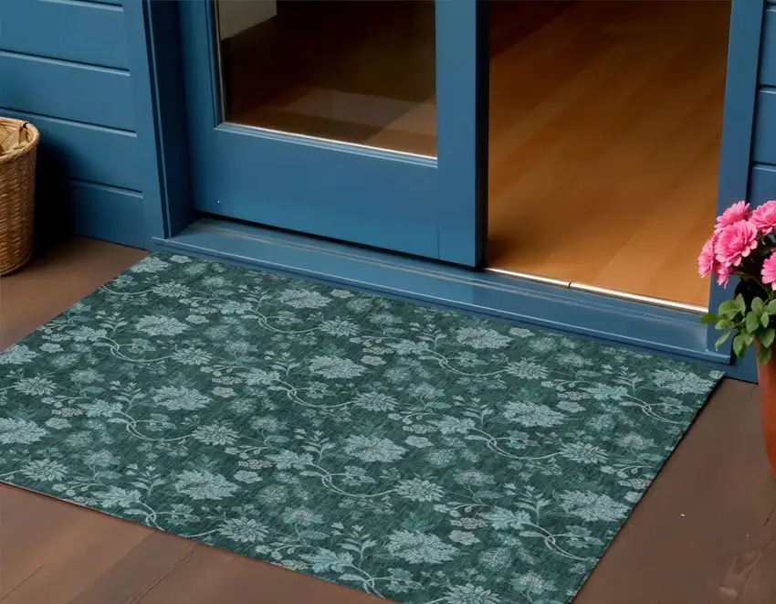 Teal Blue And Aqua Floral Washable Indoor Outdoor Area Rug Photo 1