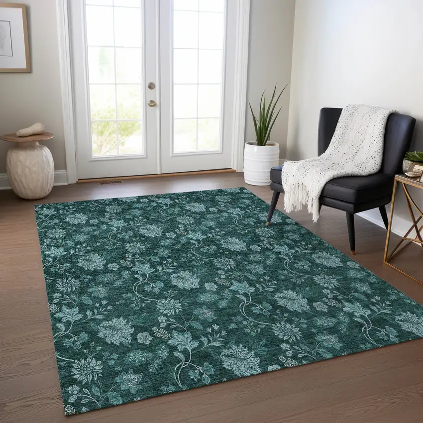 Teal Blue And Aqua Floral Washable Indoor Outdoor Area Rug Photo 9