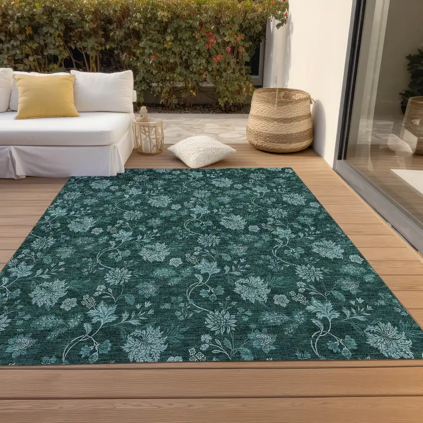 Teal Blue And Aqua Floral Washable Indoor Outdoor Area Rug Photo 7