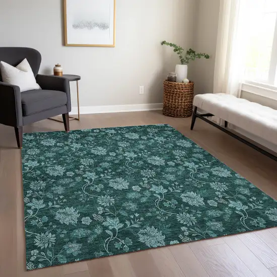 Teal Blue And Aqua Floral Washable Indoor Outdoor Area Rug Photo 9