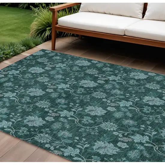 Teal Blue And Aqua Floral Washable Indoor Outdoor Area Rug Photo 1
