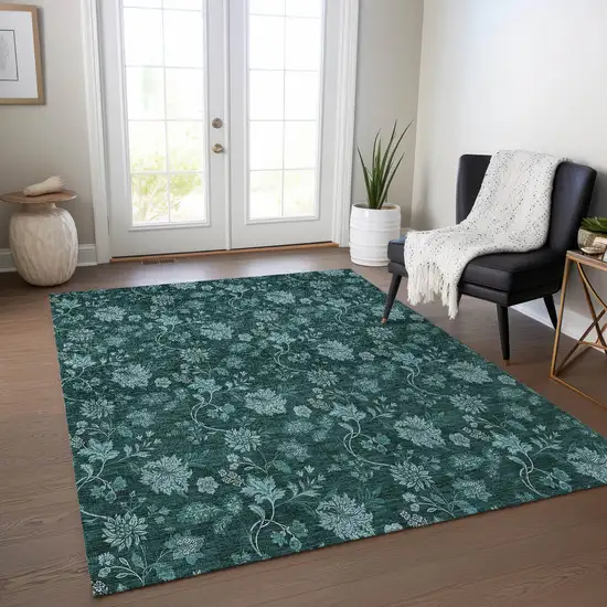 Teal Blue And Aqua Floral Washable Indoor Outdoor Area Rug Photo 9