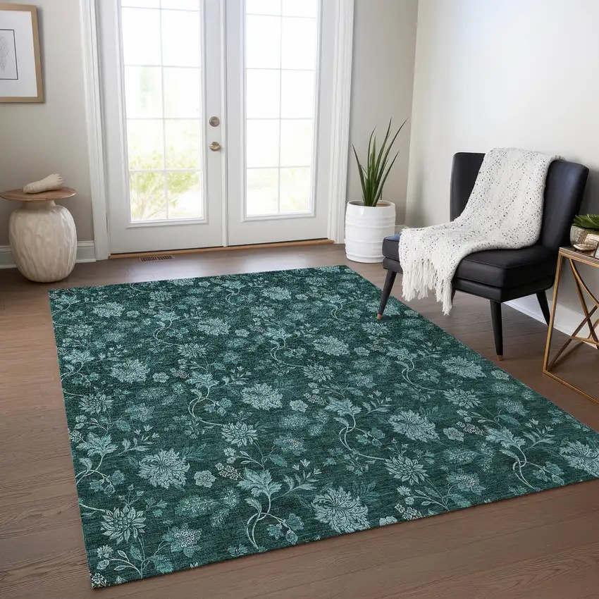 Teal Blue And Aqua Floral Washable Indoor Outdoor Area Rug Photo 9