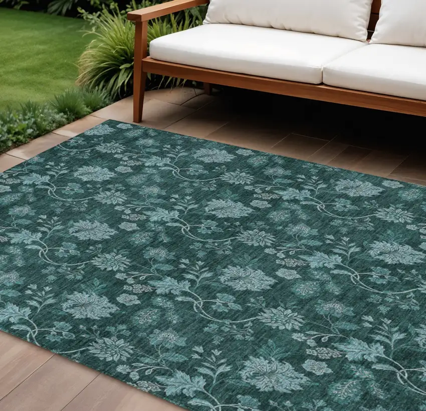 Teal Blue And Aqua Floral Washable Indoor Outdoor Area Rug Photo 1