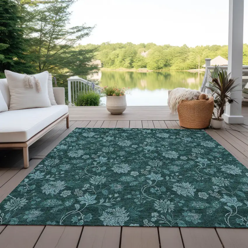 Teal Blue And Aqua Floral Washable Indoor Outdoor Area Rug Photo 9