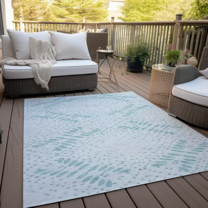 Teal Blue And Aqua Floral Washable Indoor Outdoor Area Rug Photo 8