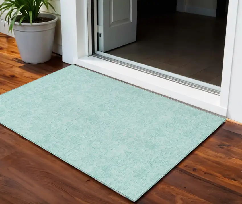 Teal Blue And Aqua Floral Washable Indoor Outdoor Area Rug Photo 2