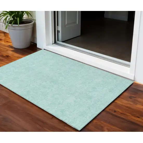 Teal Blue And Aqua Floral Washable Indoor Outdoor Area Rug Photo 2