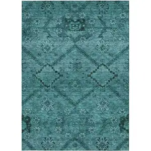 Photo of Teal Blue And Aqua Floral Washable Indoor Outdoor Area Rug
