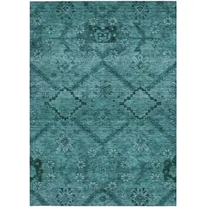Photo of Teal Blue And Aqua Floral Washable Indoor Outdoor Area Rug