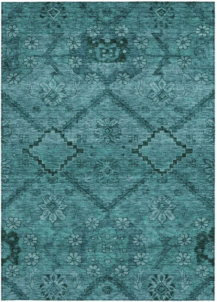 Teal Blue And Aqua Floral Washable Indoor Outdoor Area Rug Photo 7