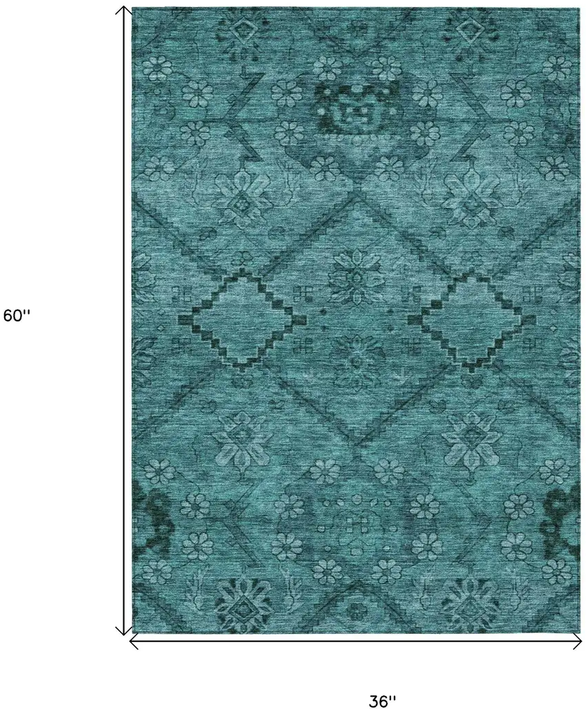 Teal Blue And Aqua Floral Washable Indoor Outdoor Area Rug Photo 3