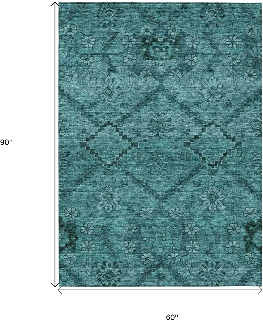 Teal Blue And Aqua Floral Washable Indoor Outdoor Area Rug Photo 3