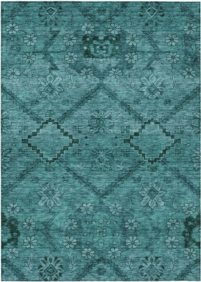 Teal Blue And Aqua Floral Washable Indoor Outdoor Area Rug Photo 2
