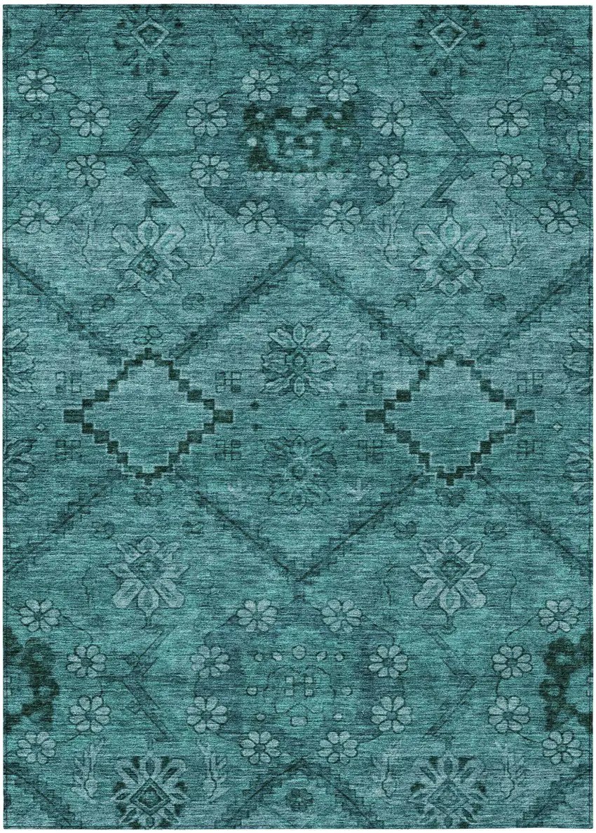 Teal Blue And Aqua Floral Washable Indoor Outdoor Area Rug Photo 2