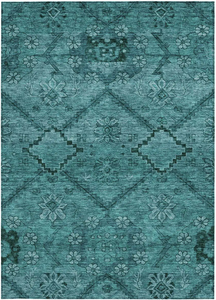 Teal Blue And Aqua Floral Washable Indoor Outdoor Area Rug Photo 7