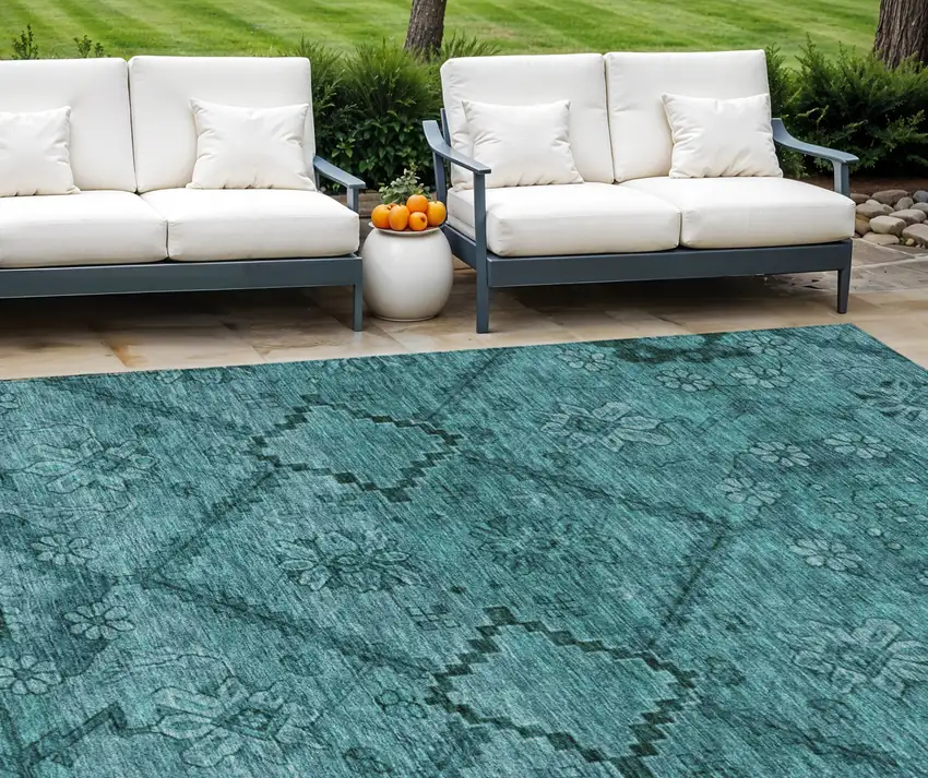 Teal Blue And Aqua Floral Washable Indoor Outdoor Area Rug Photo 1