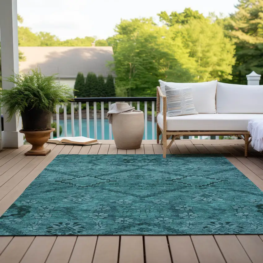 Teal Blue And Aqua Floral Washable Indoor Outdoor Area Rug Photo 9