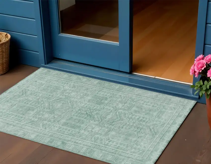 Teal Blue And Aqua Geometric Washable Indoor Outdoor Area Rug Photo 2