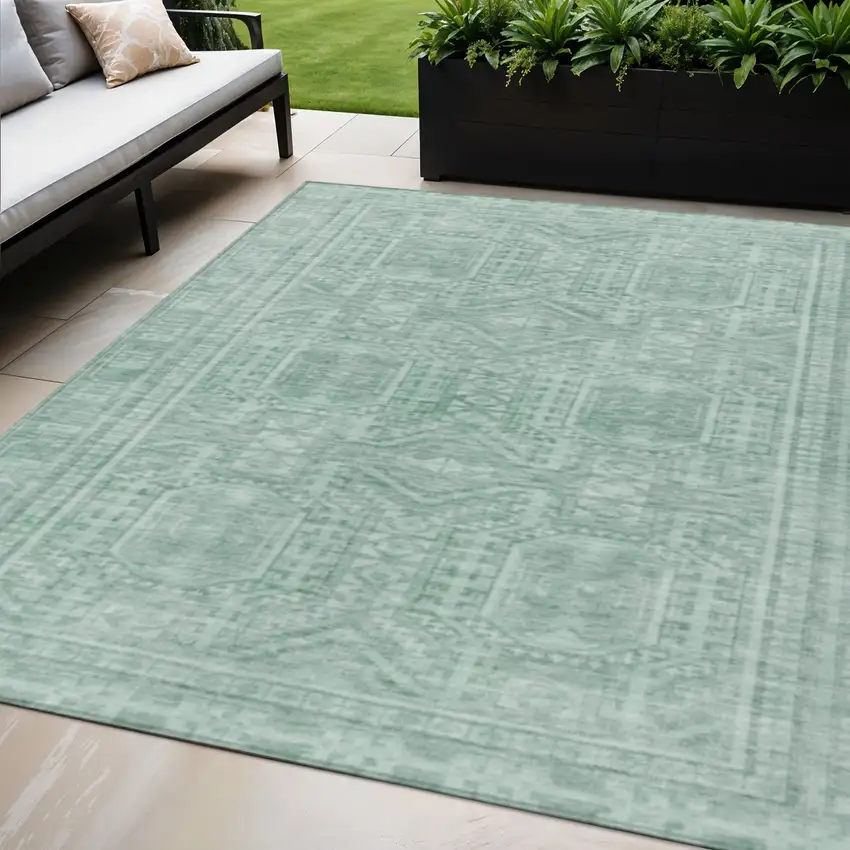 Teal Blue And Aqua Geometric Washable Indoor Outdoor Area Rug Photo 1