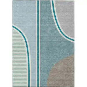 Photo of Teal Blue And Aqua Geometric Washable Indoor Outdoor Area Rug