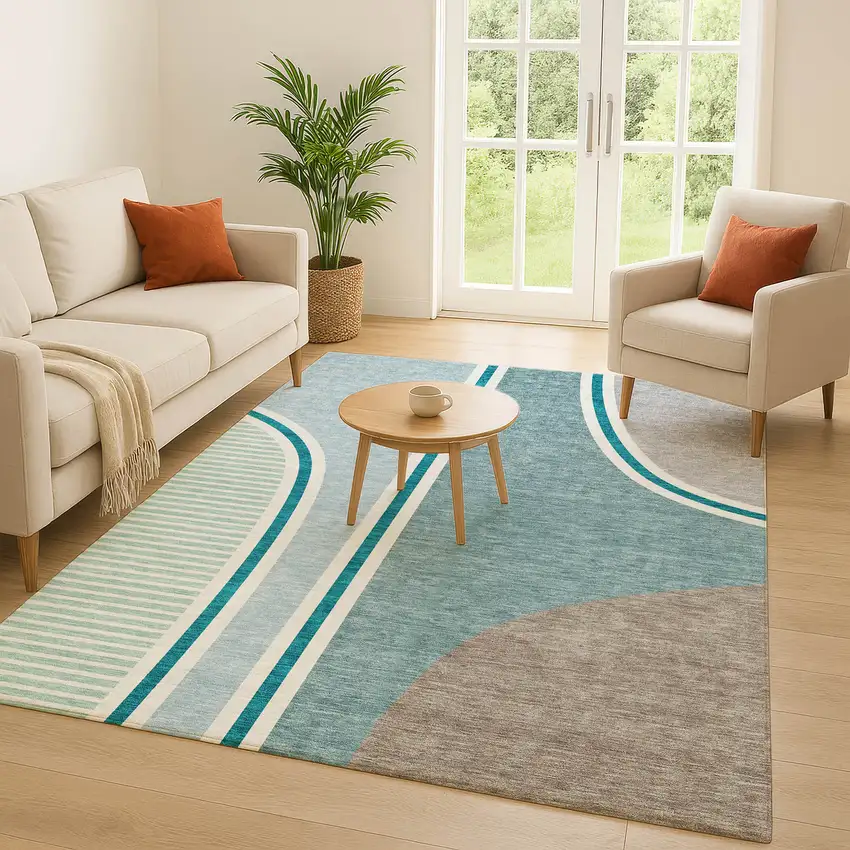 Teal Blue And Aqua Geometric Washable Indoor Outdoor Area Rug Photo 5
