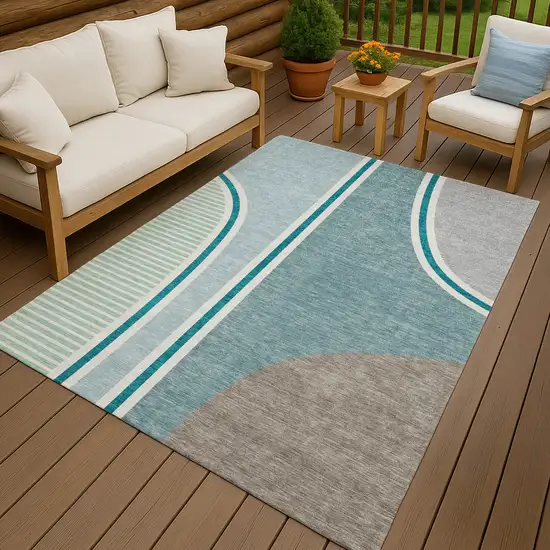 Teal Blue And Aqua Geometric Washable Indoor Outdoor Area Rug Photo 7