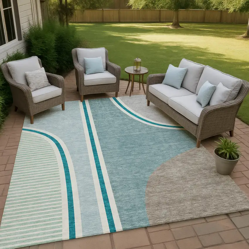 Teal Blue And Aqua Geometric Washable Indoor Outdoor Area Rug Photo 4