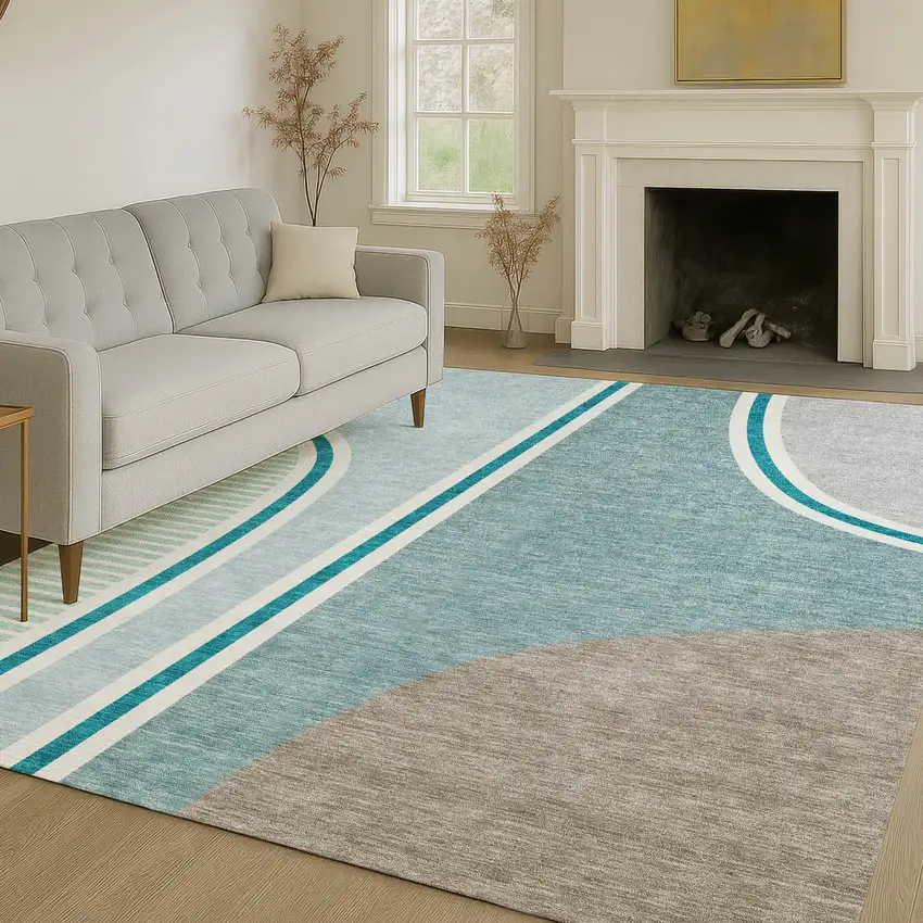 Teal Blue And Aqua Geometric Washable Indoor Outdoor Area Rug Photo 6