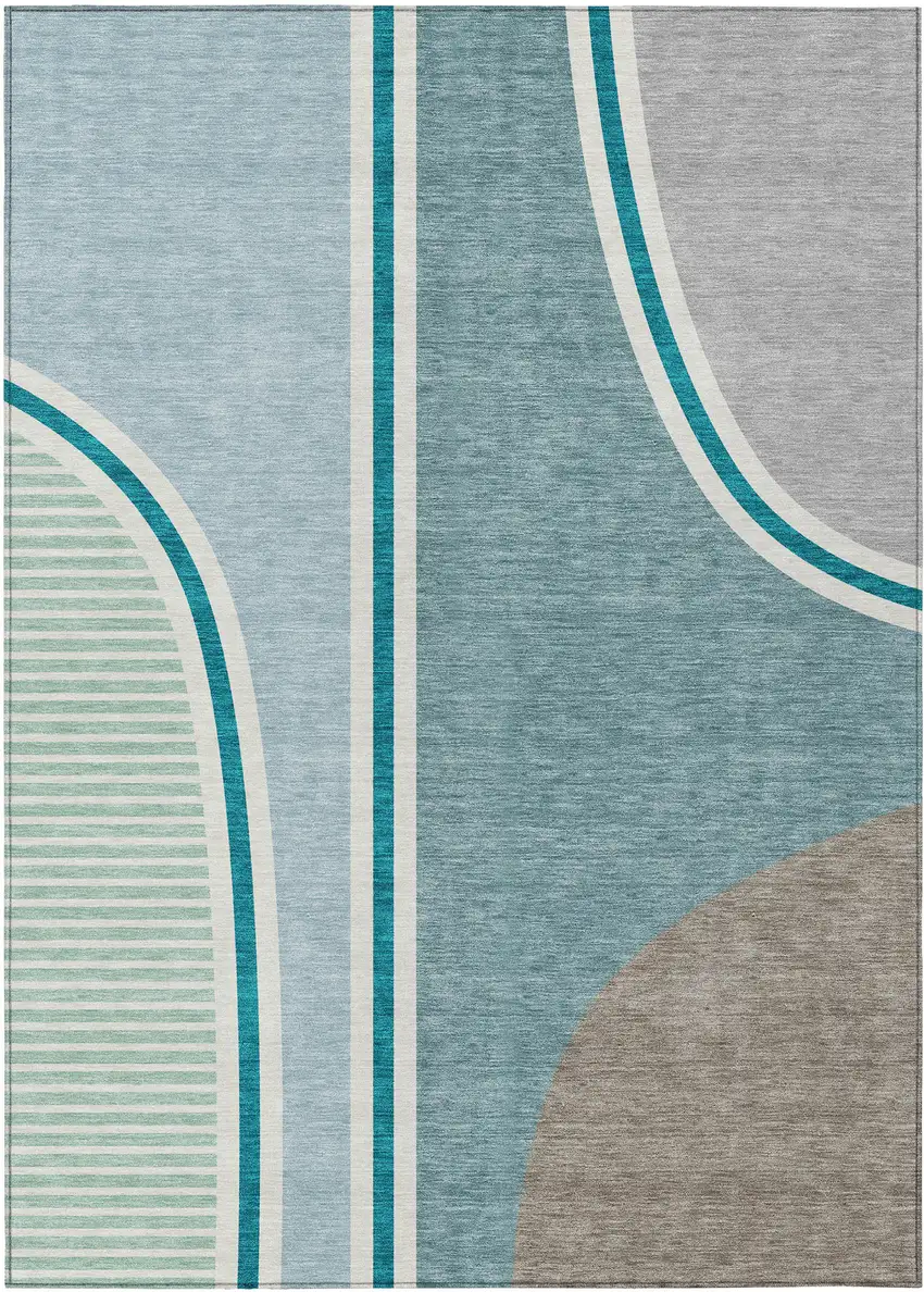 Teal Blue And Aqua Geometric Washable Indoor Outdoor Area Rug Photo 1