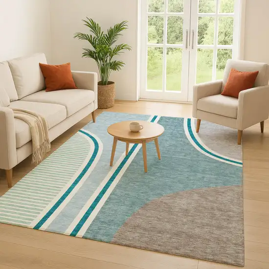 Teal Blue And Aqua Geometric Washable Indoor Outdoor Area Rug Photo 5