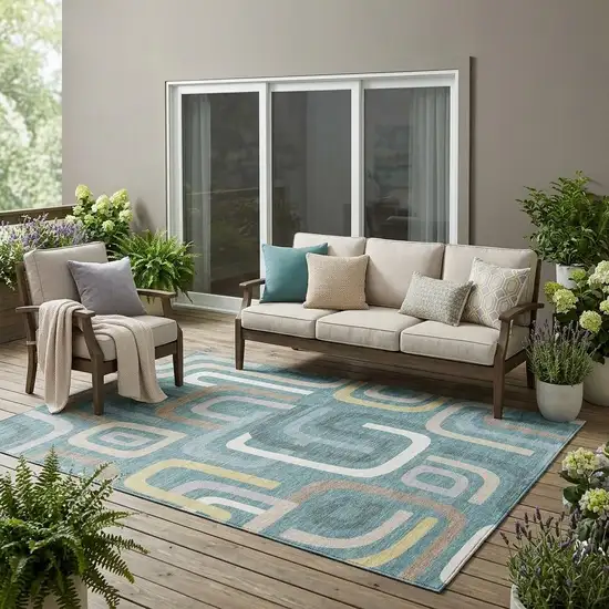 Teal Blue And Aqua Geometric Washable Indoor Outdoor Area Rug Photo 1
