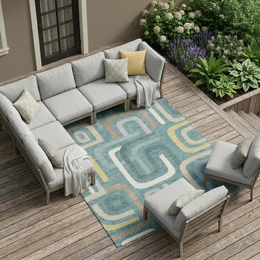 Teal Blue And Aqua Geometric Washable Indoor Outdoor Area Rug Photo 1