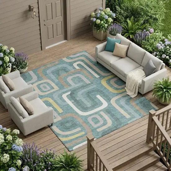 Teal Blue And Aqua Geometric Washable Indoor Outdoor Area Rug Photo 1