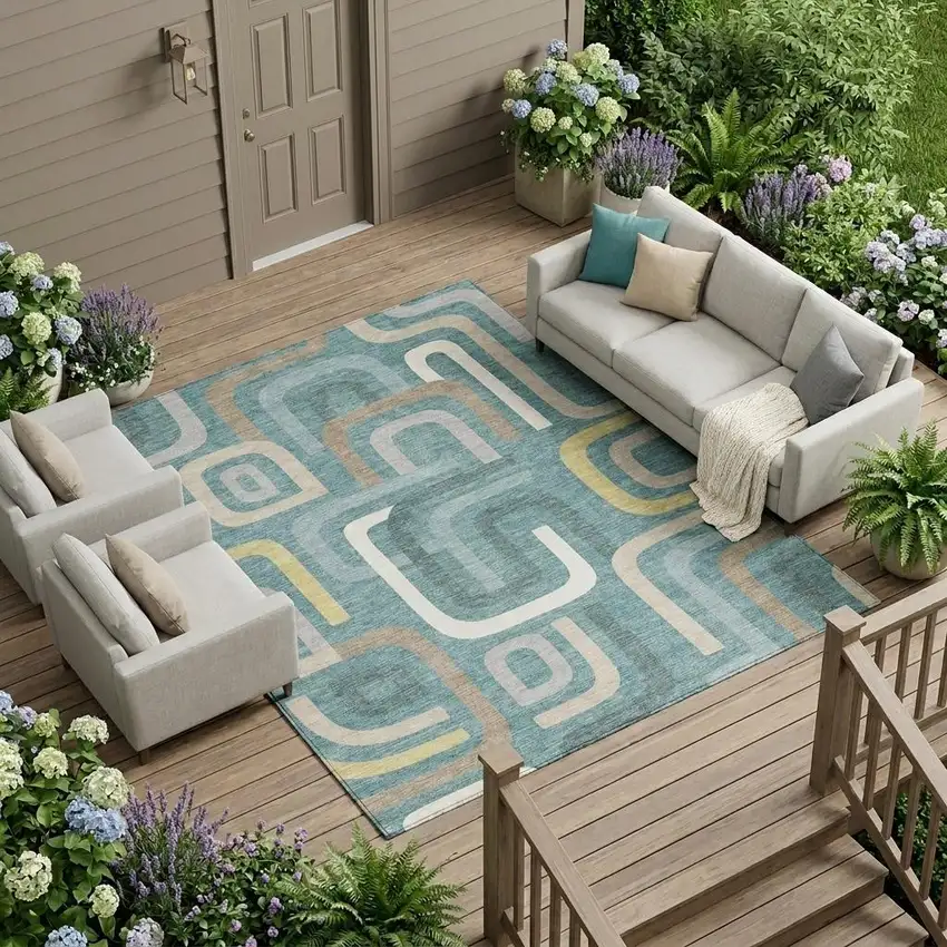 Teal Blue And Aqua Geometric Washable Indoor Outdoor Area Rug Photo 1