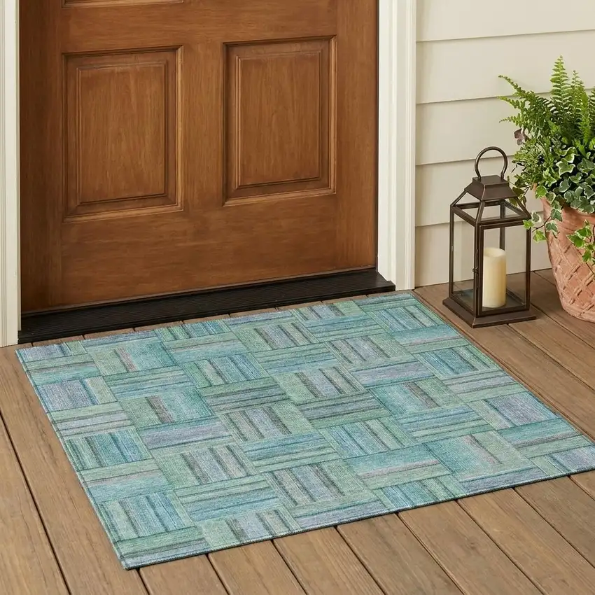 Teal Blue And Aqua Geometric Washable Indoor Outdoor Area Rug Photo 1
