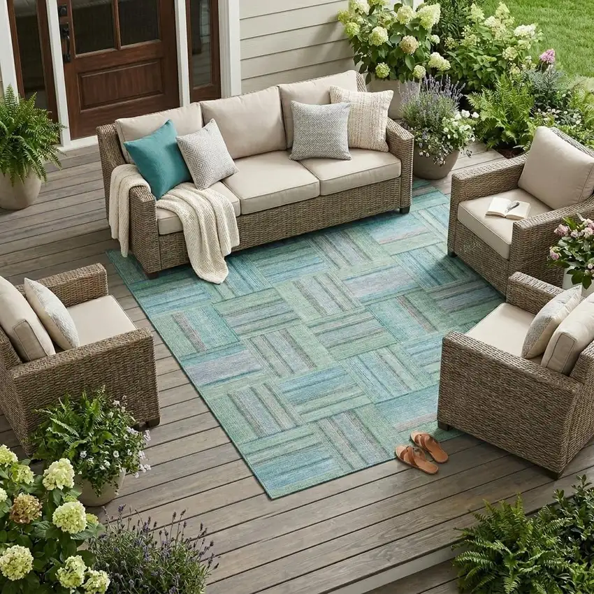 Teal Blue And Aqua Geometric Washable Indoor Outdoor Area Rug Photo 1