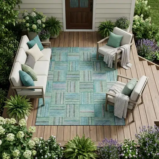 Teal Blue And Aqua Geometric Washable Indoor Outdoor Area Rug Photo 1