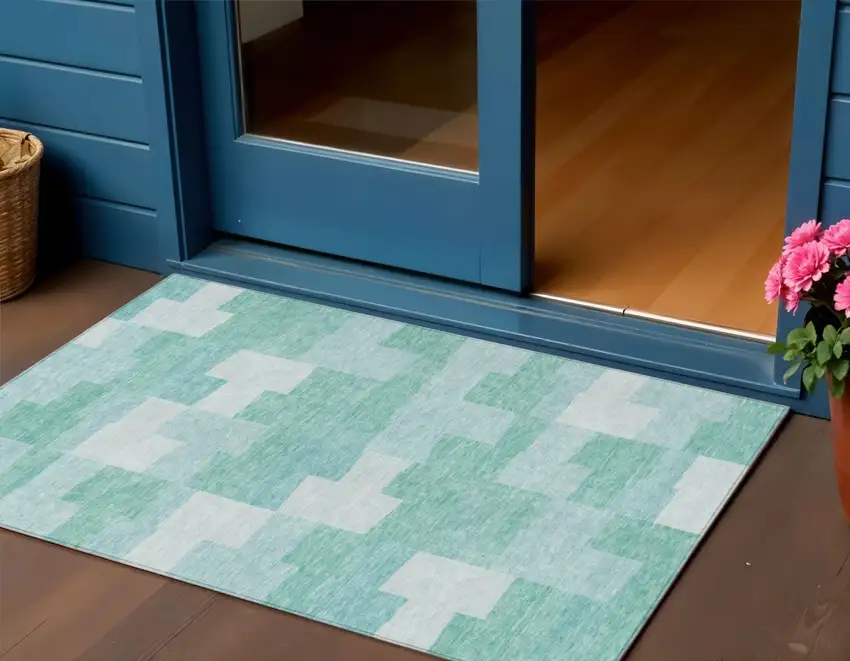 Teal Blue And Aqua Geometric Washable Indoor Outdoor Area Rug Photo 1