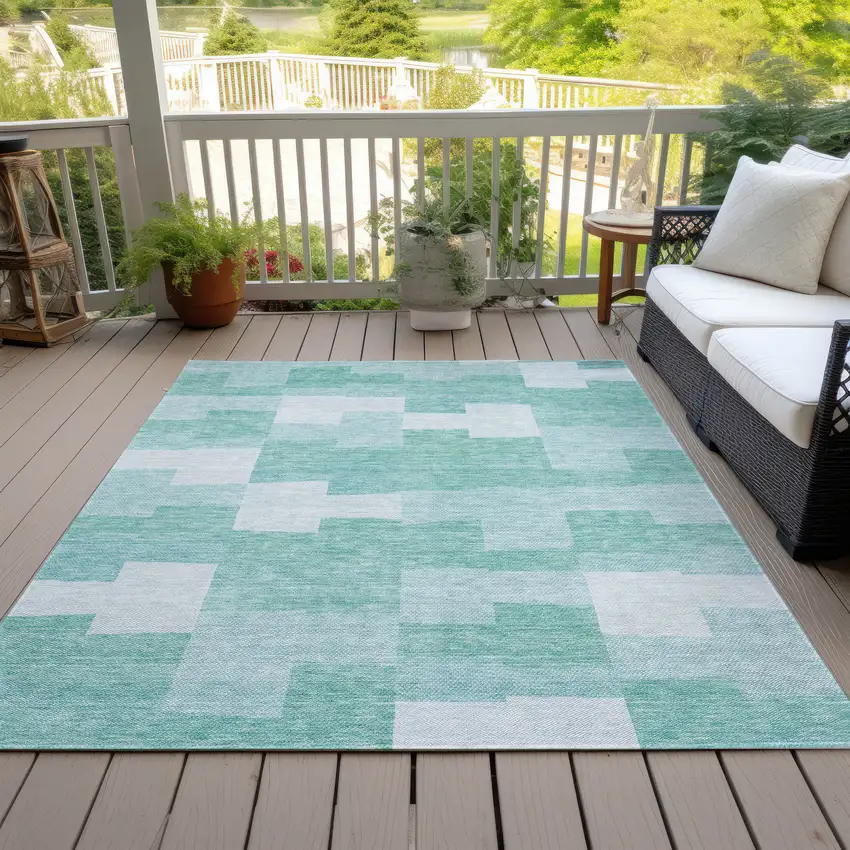 Teal Blue And Aqua Geometric Washable Indoor Outdoor Area Rug Photo 7
