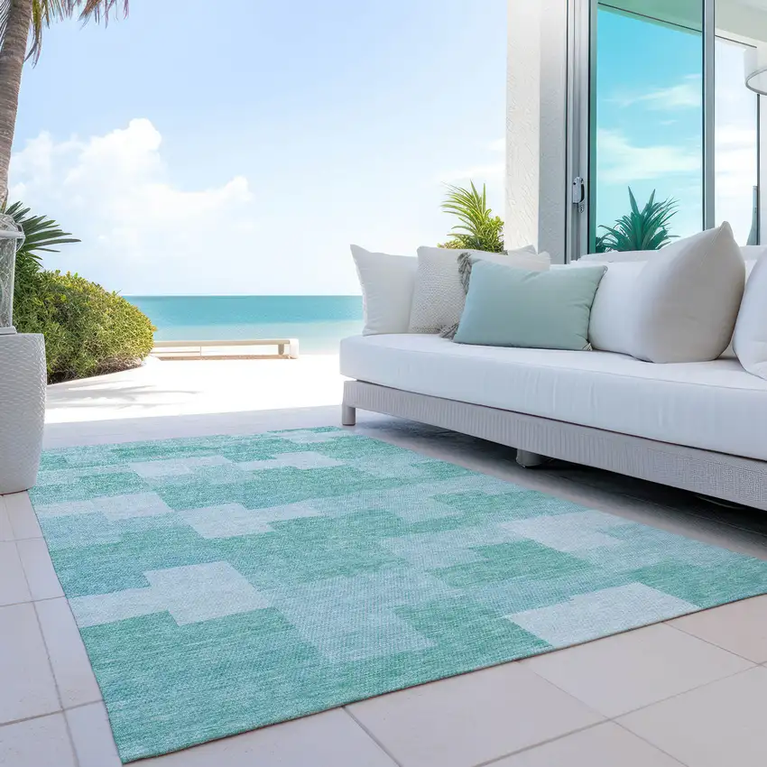 Teal Blue And Aqua Geometric Washable Indoor Outdoor Area Rug Photo 9